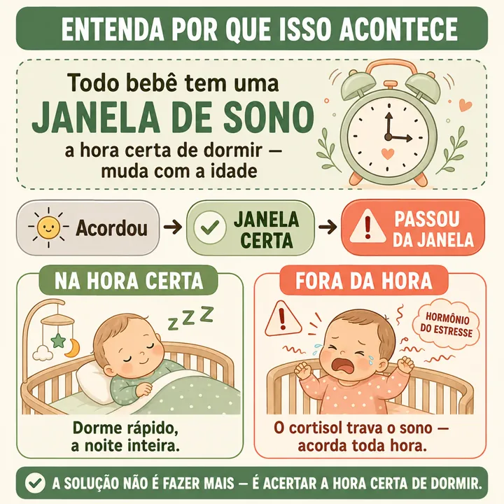 Diagrama explicando a janela de sono do bebê e a diferença entre dormir na hora certa e fora da hora