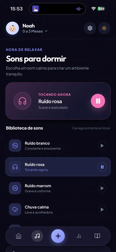 Tela de sons relaxantes no aplicativo Soninho Certo