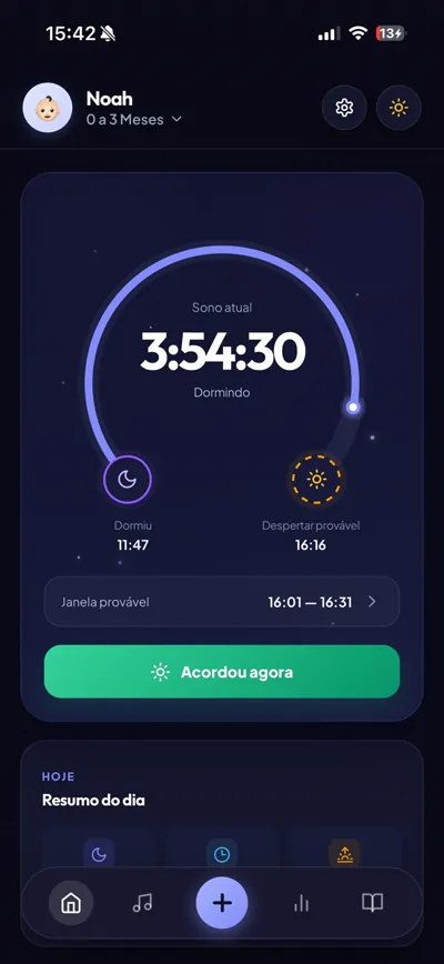 Tela principal do aplicativo Soninho Certo mostrando o acompanhamento do sono