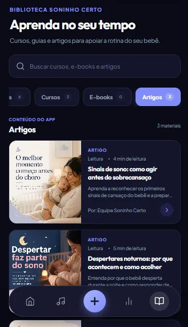 Tela da biblioteca de artigos do aplicativo Soninho Certo