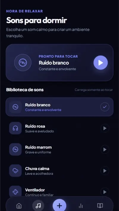 Tela do aplicativo com a biblioteca de músicas e sons para dormir