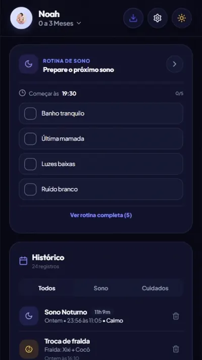 Tela da rotina de sono personalizada no aplicativo